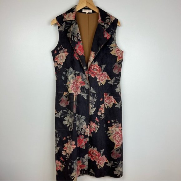 Anthropologie Solitaire Boho faux suede Long Line Sleeveless Floral Vest M - Picture 3 of 10